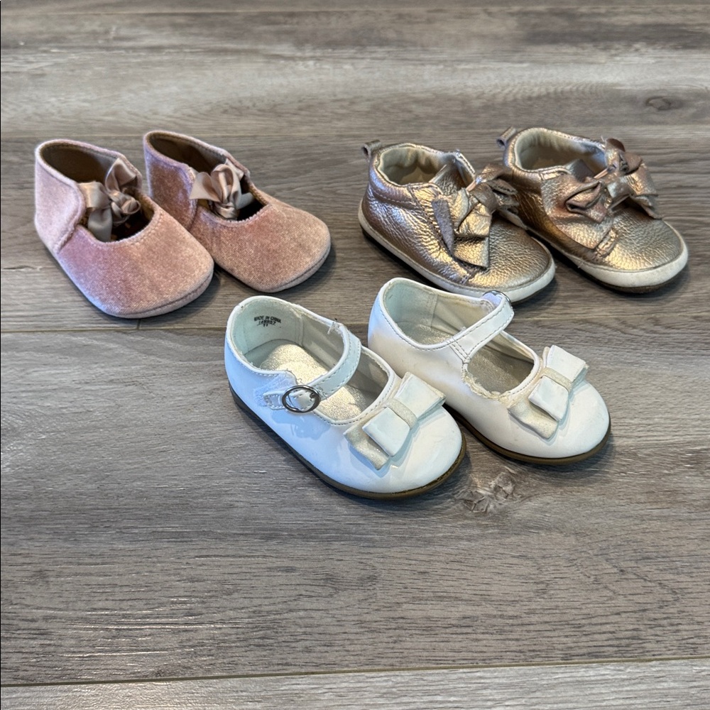 Set of of Three Baby Girl Shoes in Pink, Gold, and White